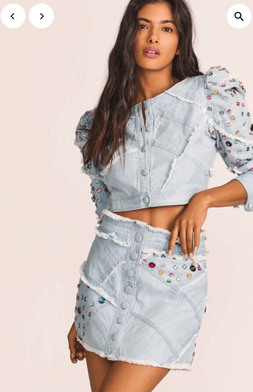 LoveShackFancy Cayde Jewel embellished blue Denim Mini Skirt Size 2